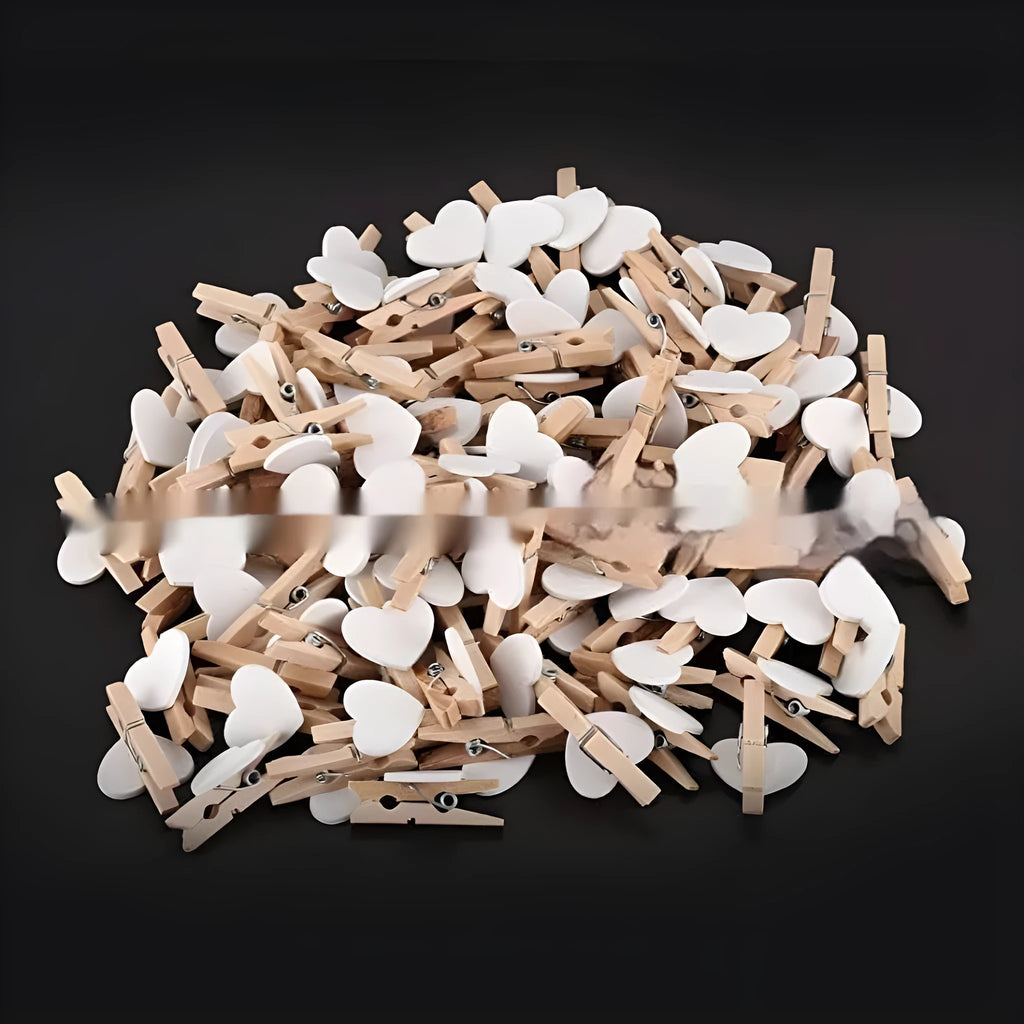 Handmade solid wood heart-shaped clips in red, rose red, and white colours measuring 3cm