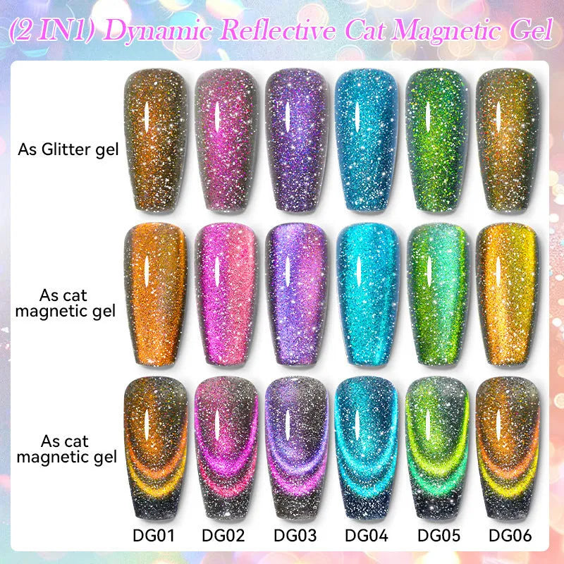 Cat eye nail polish gel with glitter and diamond fragments in six colour variations numbered 01 to 06