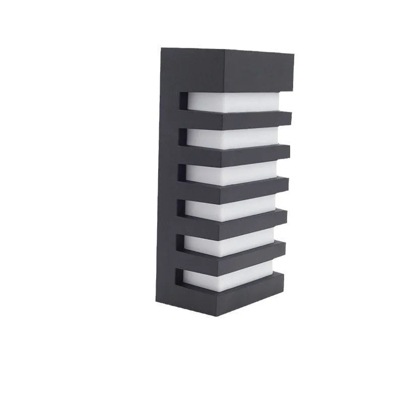 Modern minimalist outdoor wall lamp with aluminium alloy shell, shown in a grey finish mounted on a wall.