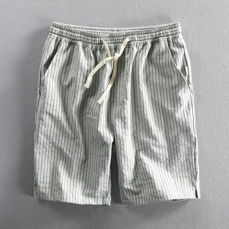 Men's striped casual cotton shorts with an elastic waistband shown in multiple colour options.