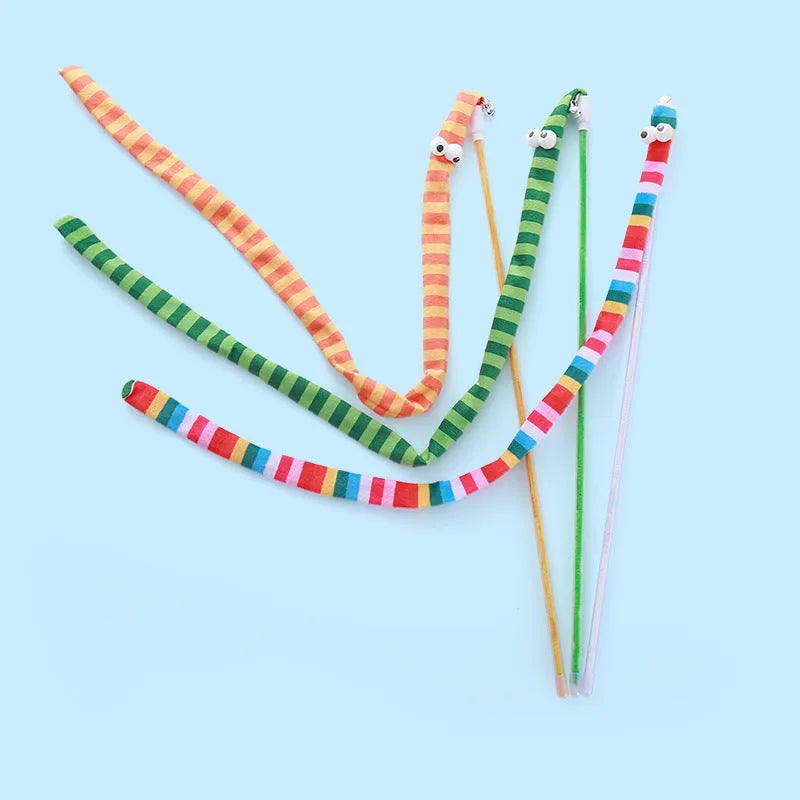 Cat wand toy with polycarbonate handle and long plush strip in vibrant colours
