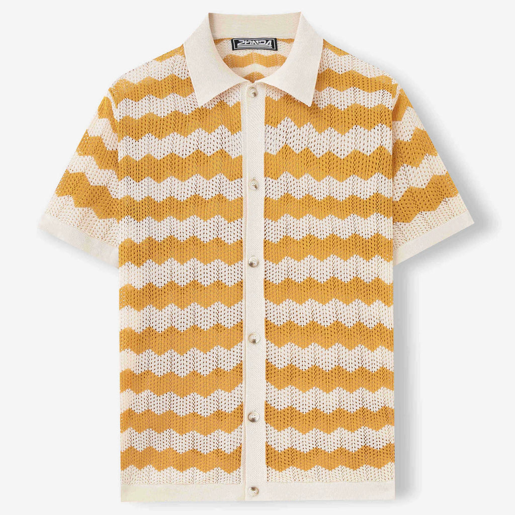 Blue hollow jacquard corrugated short sleeve sweater on a hanger, showing textured weave detail.
