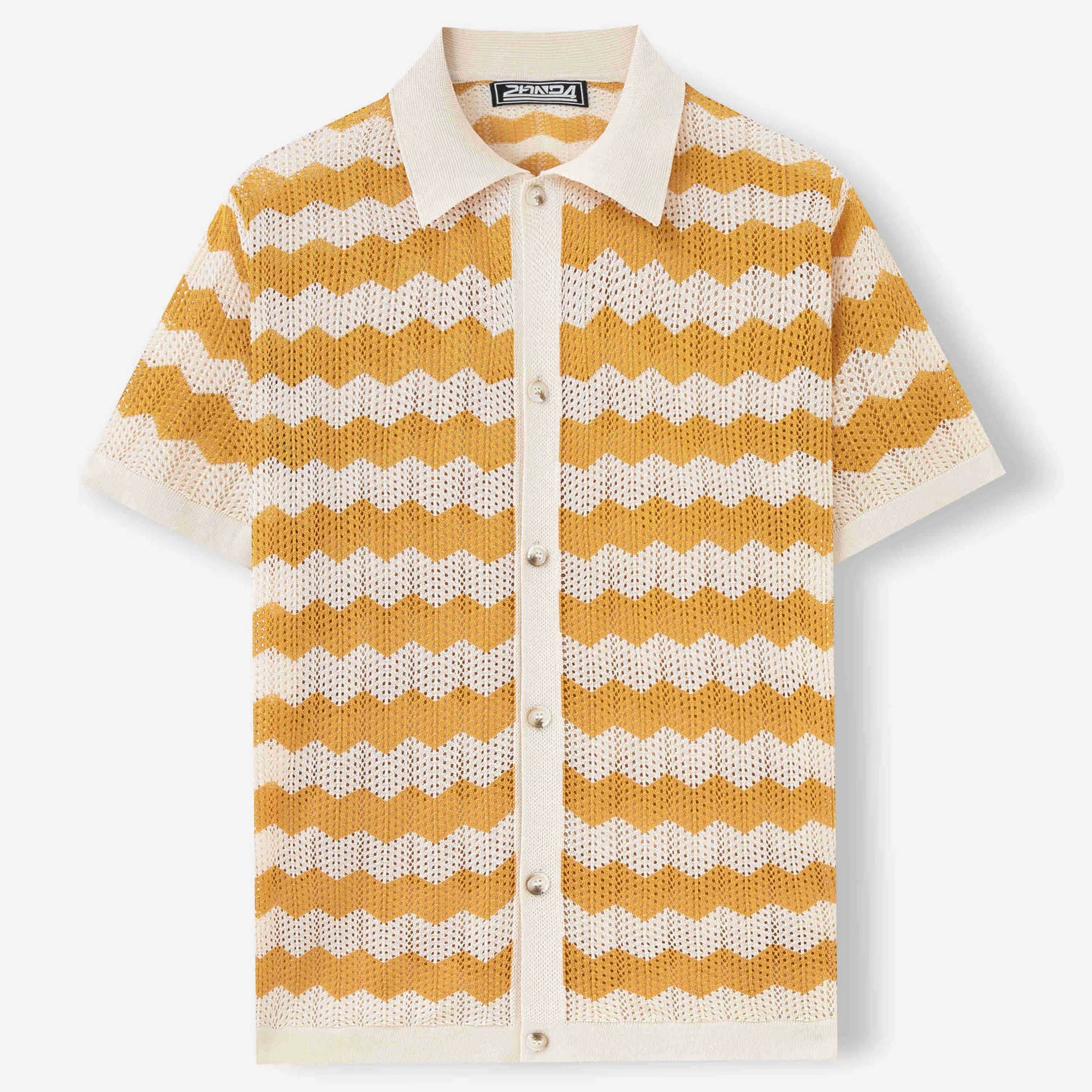 Blue hollow jacquard corrugated short sleeve sweater on a hanger, showing textured weave detail.
