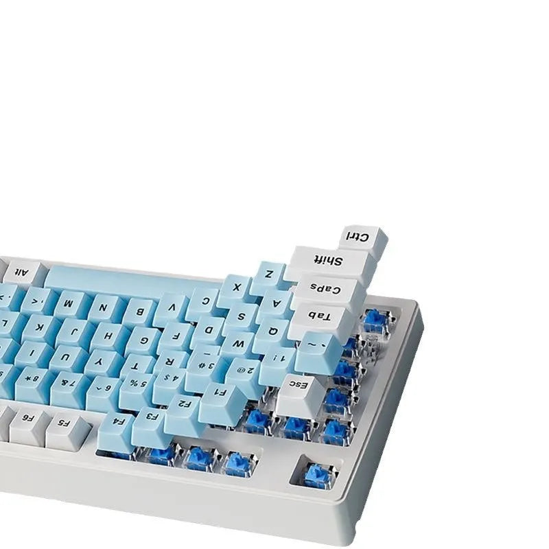 Triple-mode mechanical keyboard in various colour options showing 87-key and 108-key layouts