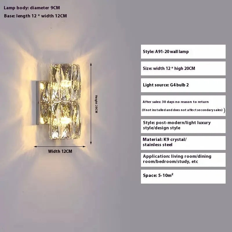 Crystal wall lamp with metallic finish and LED tri-colour lighting in multiple size options