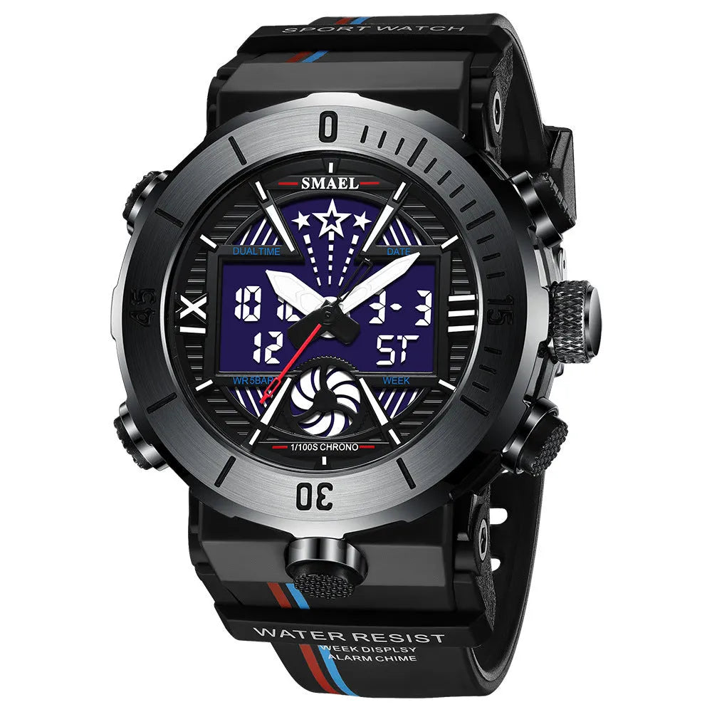 Sports waterproof electronic men's watch with 49mm round dial alloy case and PU strap in black