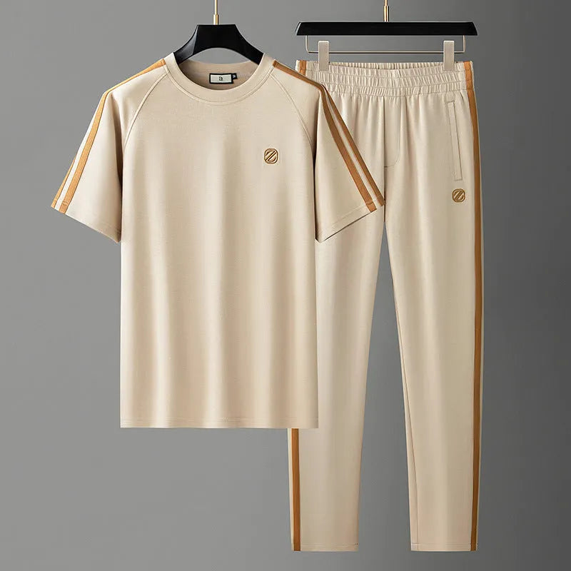 Men's ice silk style short sleeve sports suit in blue, apricot, or black with breathable polyester fabric