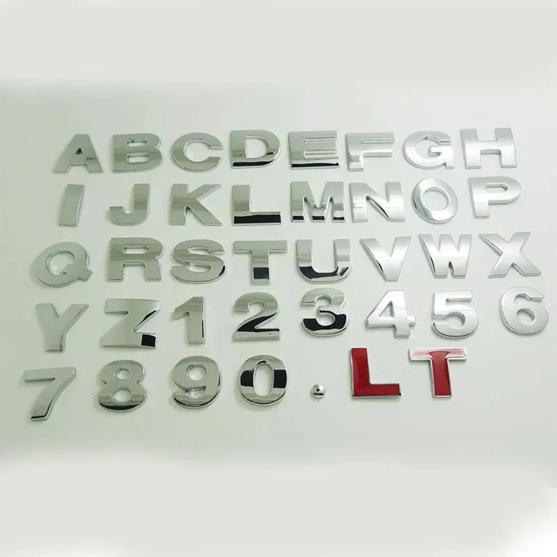 Metal car bumper stickers showing 3D raised English alphabet letters in silver finish