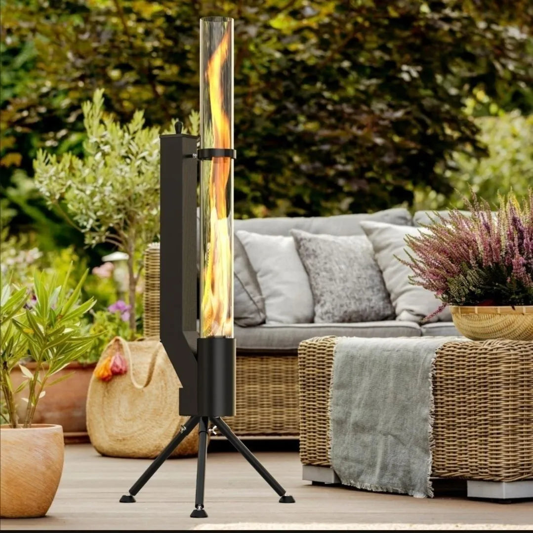 Vertical cast iron wood burning rocket furnace heating stove for courtyard or patio use.