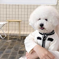 Korean style white puppy sweater with pearl collar detail on small dog, princess design pet clothing