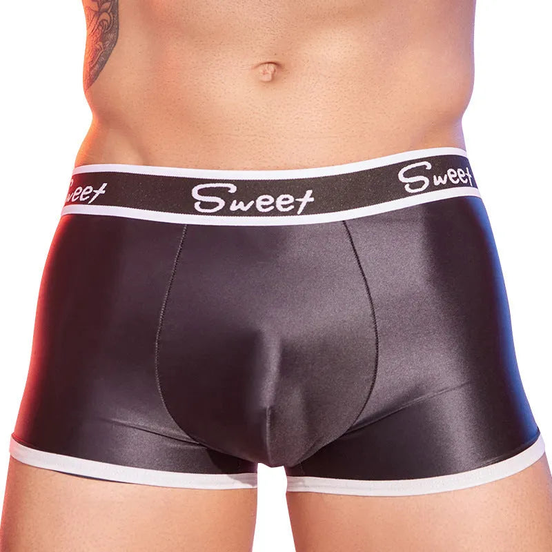 Men's black silk-feel nylon boxer shorts with stretch fabric and free size fitting