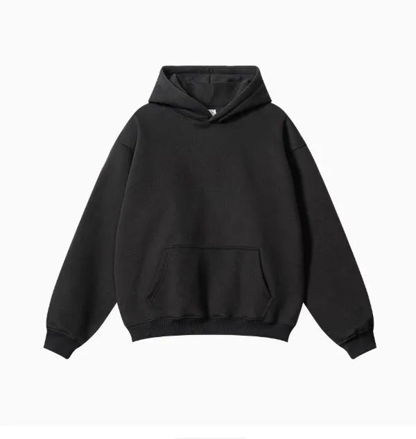 A loose-fit men's hooded sweater in 450g terry cotton with drop shoulders, shown in a solid colour.
