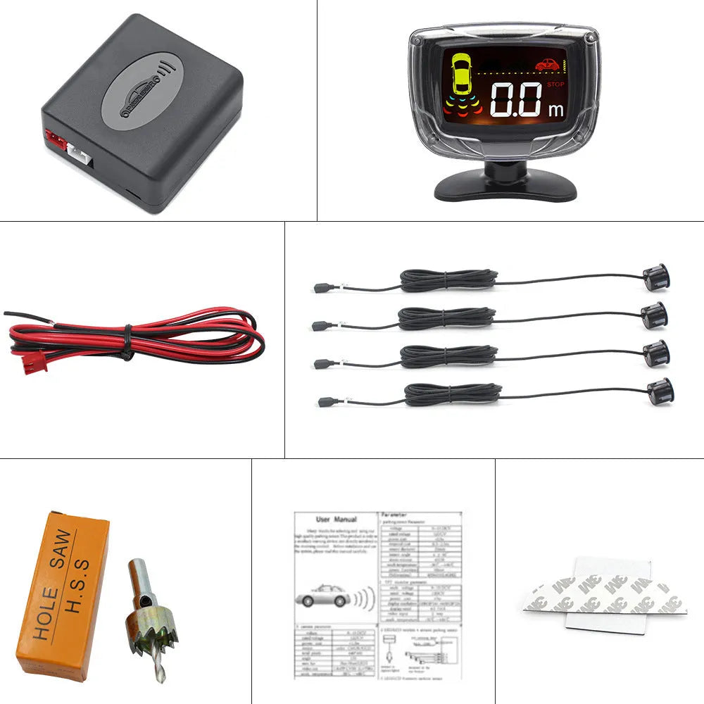 Black wireless reversing sensor kit with digital display, four round probes, power cable, and installation tools.