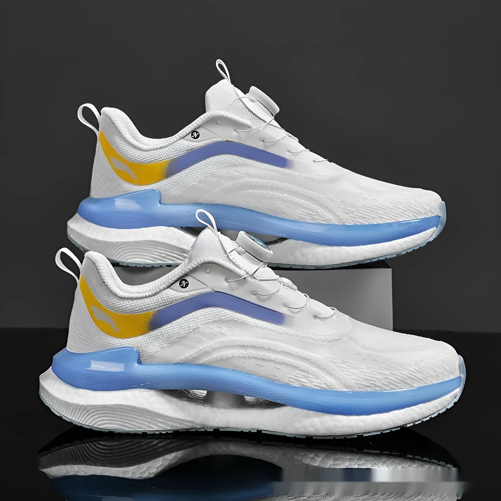 Men's high top breathable running shoes in cotton candy colour with mesh upper and buckle fastening