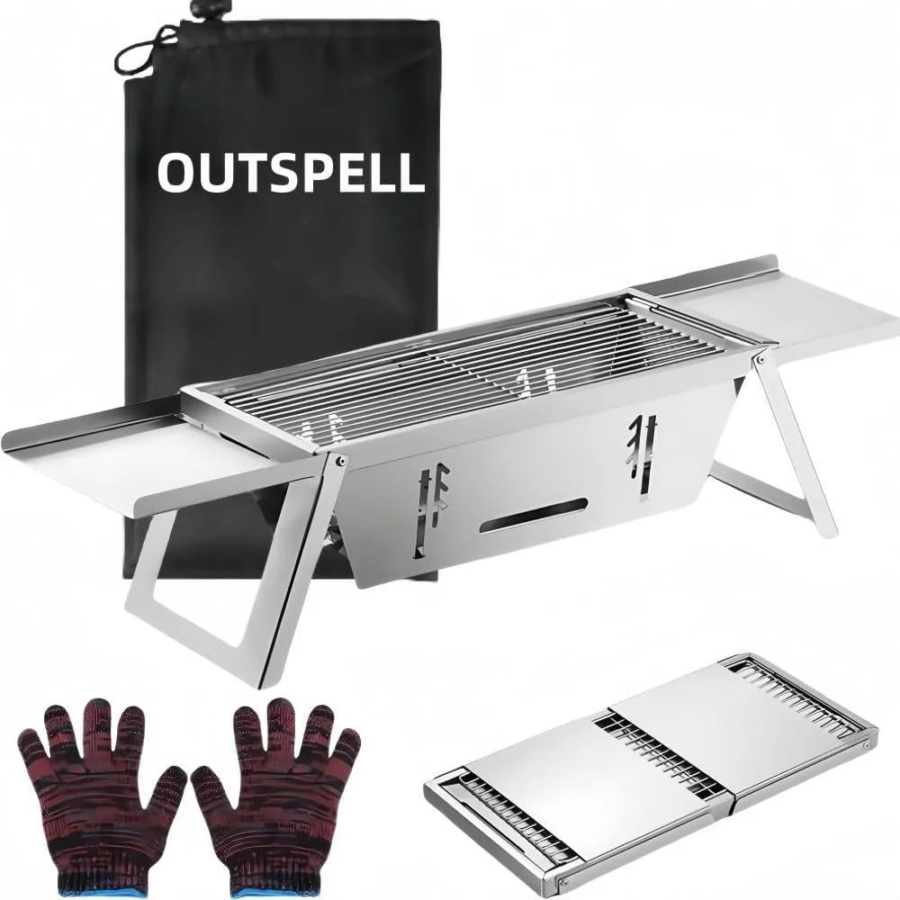 Small portable charcoal grill shown folded and unfolded for outdoor BBQ cooking