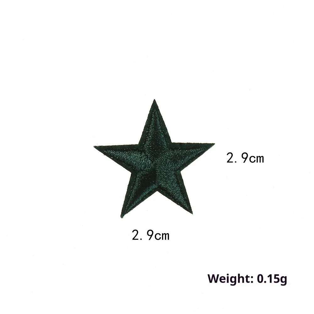 Colourful embroidered five-pointed star designs on cloth sticker labels for DIY clothing customisation.