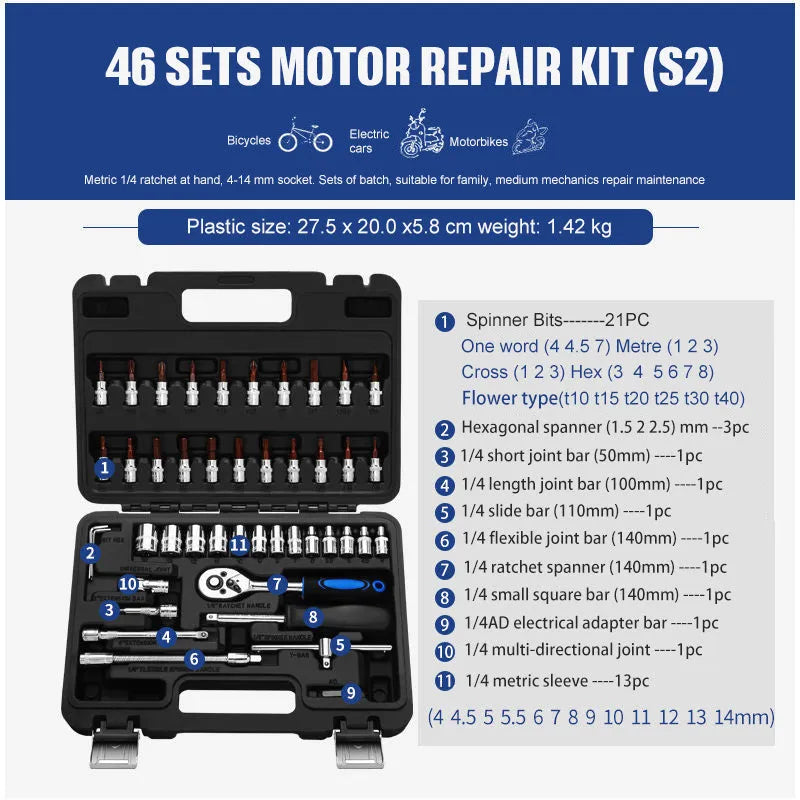 Chrome vanadium steel socket ratchet wrench set in a storage box for home and auto repair.