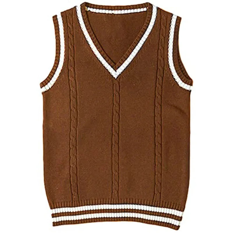 Women's slim fit V-neck knitted waistcoat sweater with striped stitching in acrylic fabric.