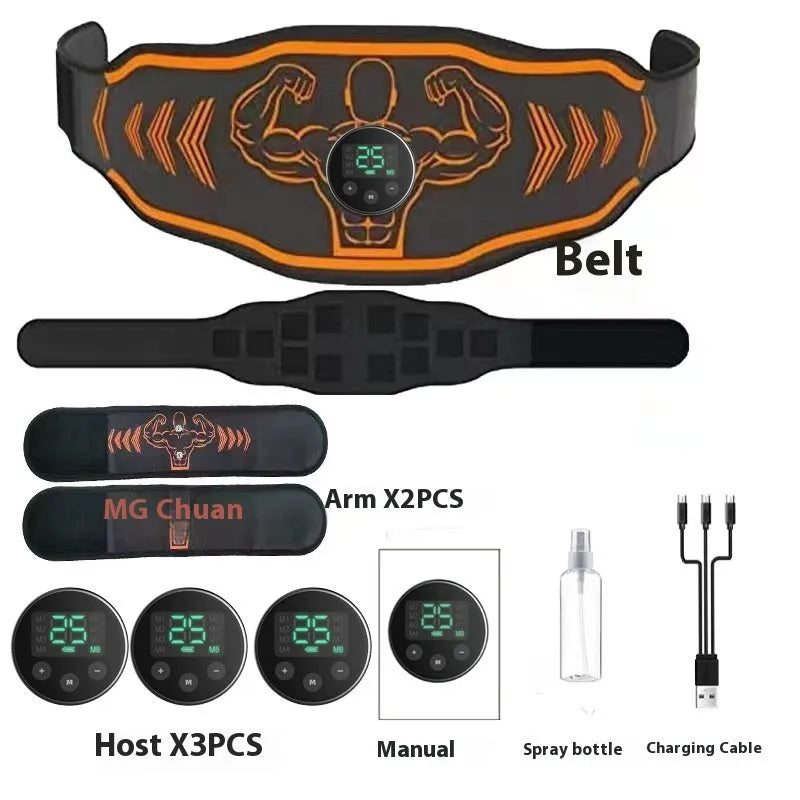 Smart EMS massage belt with orange or blue host unit, includes belt strap and arm stickers