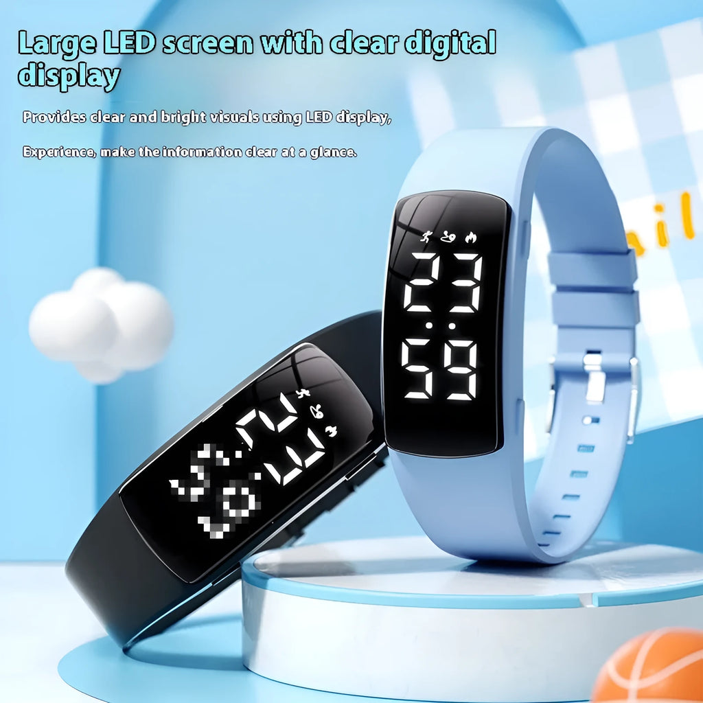 Vibration alarm clock watch with LED display on silicone strap showing multiple colour options