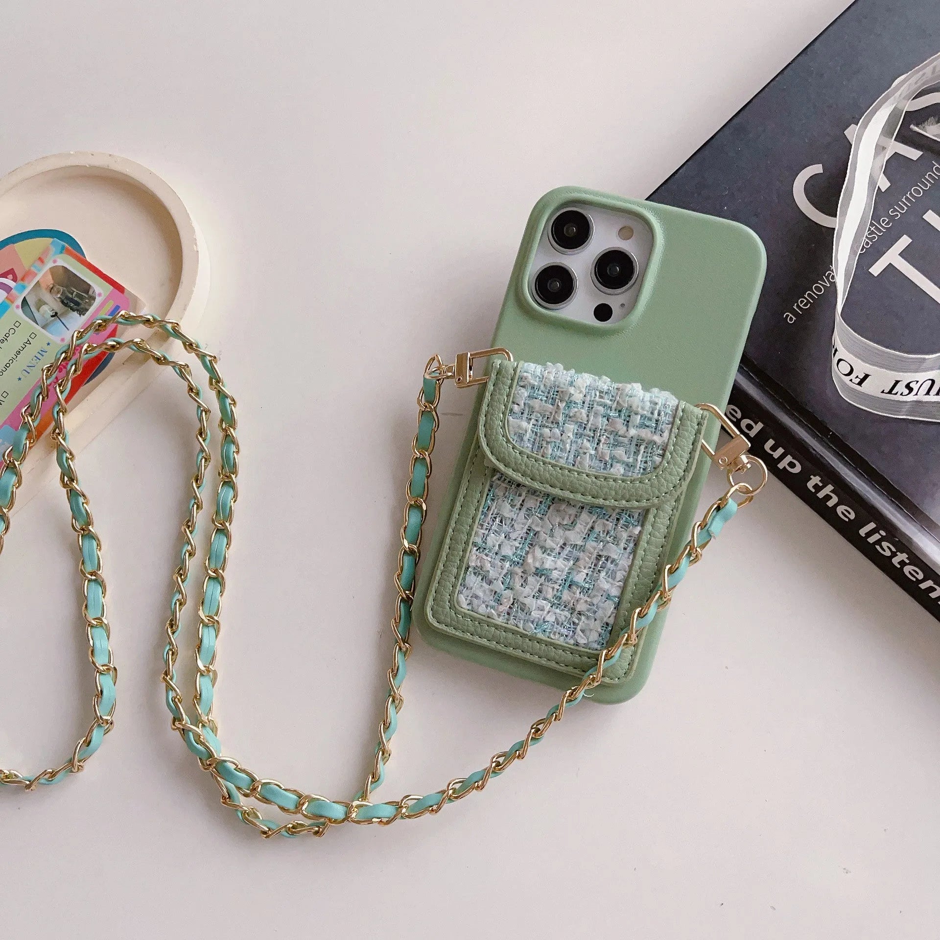 PU leather crossbody phone case with woven chain strap and card holder for iPhone