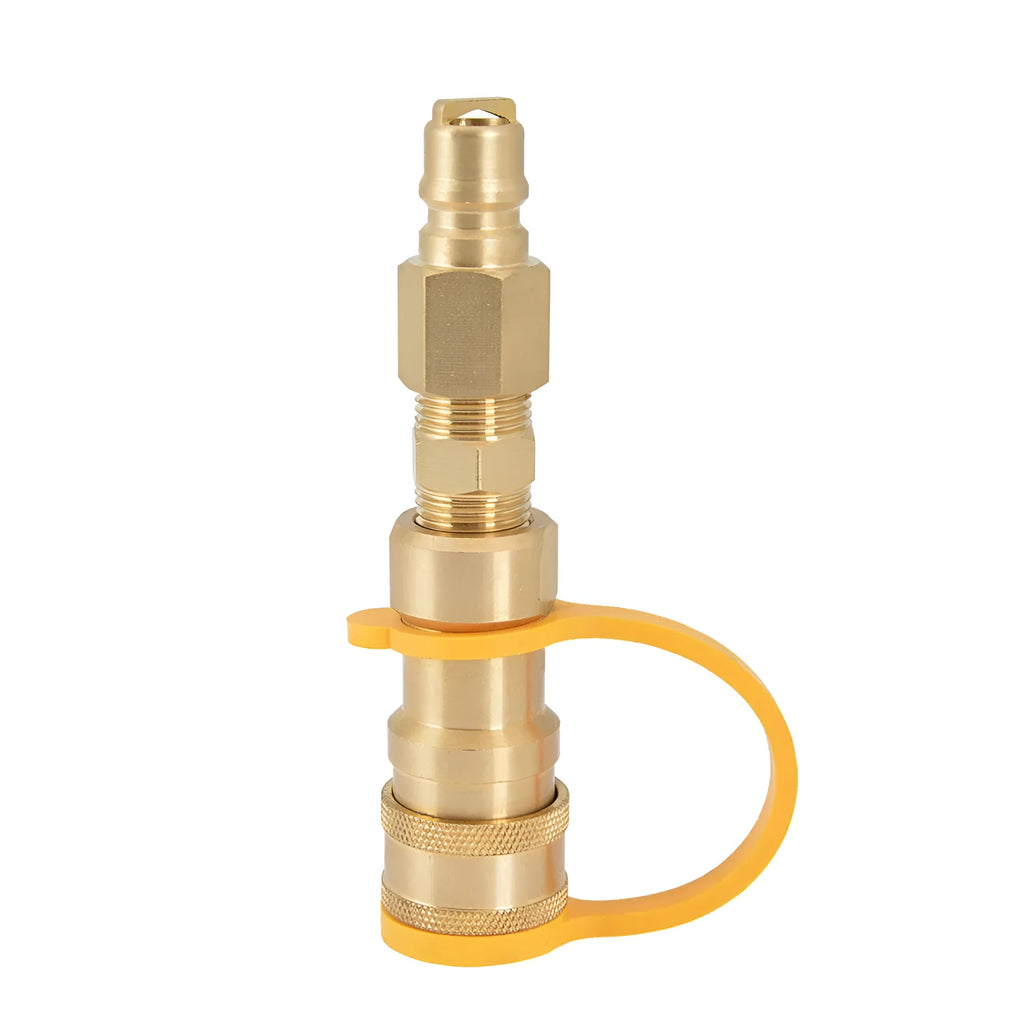 Gold-coloured brass 3/8 gas tank connector for propane conversion with American standard thread