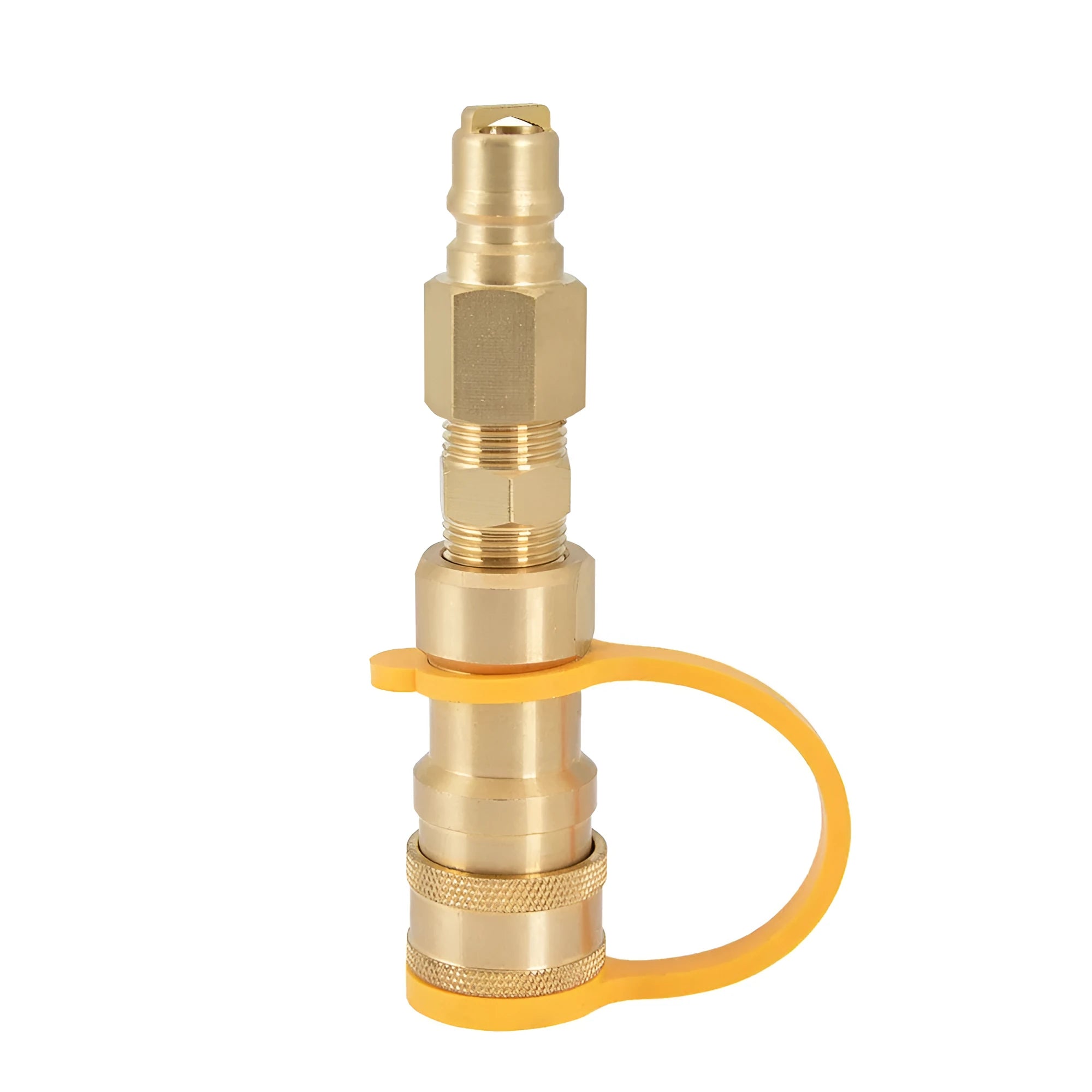 Gold-coloured brass 3/8 gas tank connector for propane conversion with American standard thread