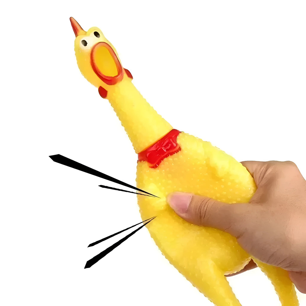 Yellow rubber screaming chicken dog squeak chew toy shown in small, medium, and large sizes.