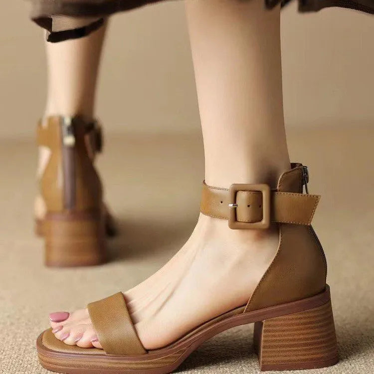 Women's retro ankle-strap platform high heels in khaki and white with round toe design