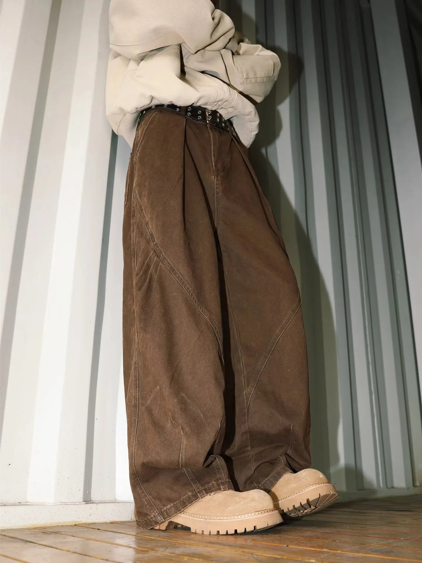 Men's striped pleated trousers with straight leg design in black, brown, or apricot colours