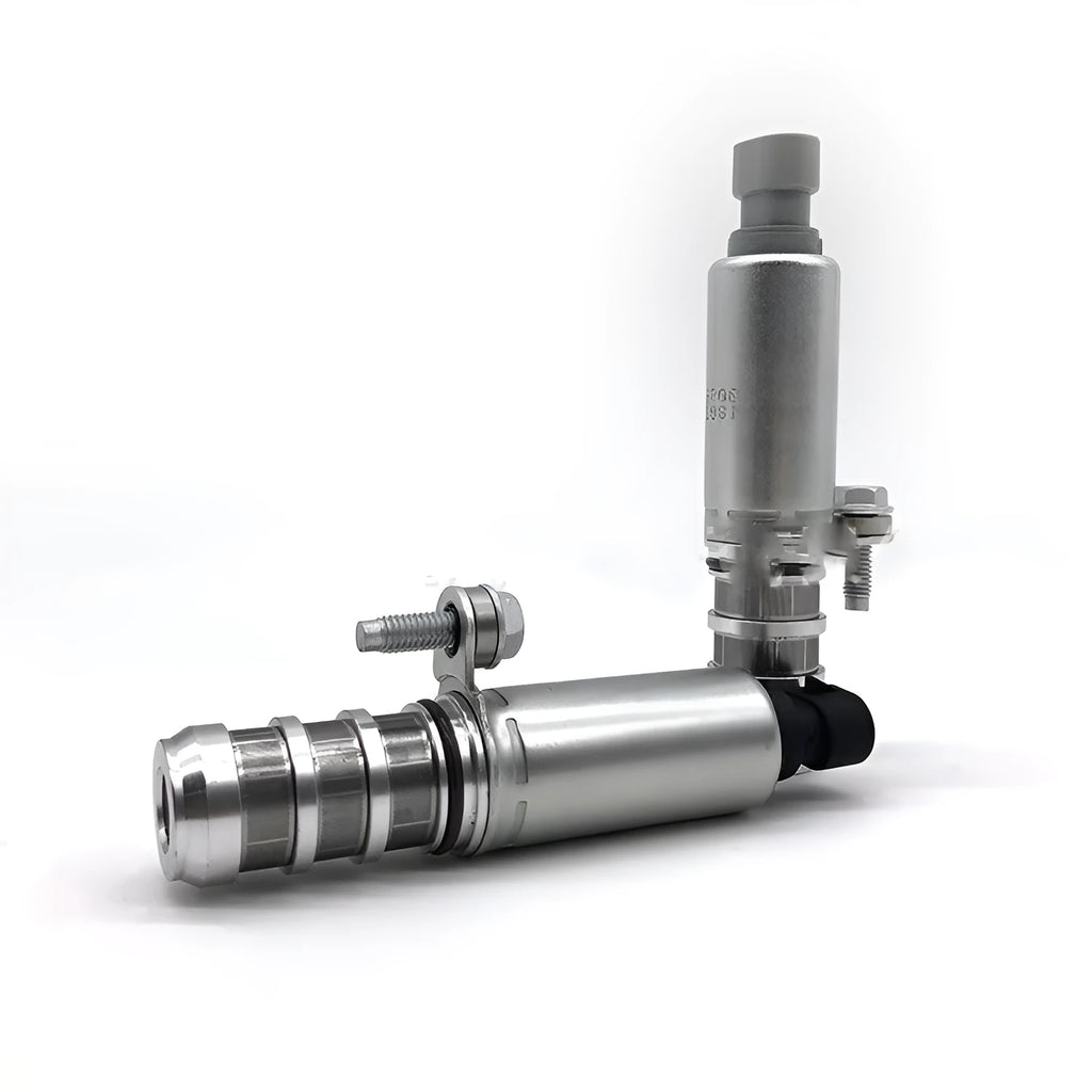 Pair of metal VVT oil control solenoid valves for Buick and Chevrolet car engines.