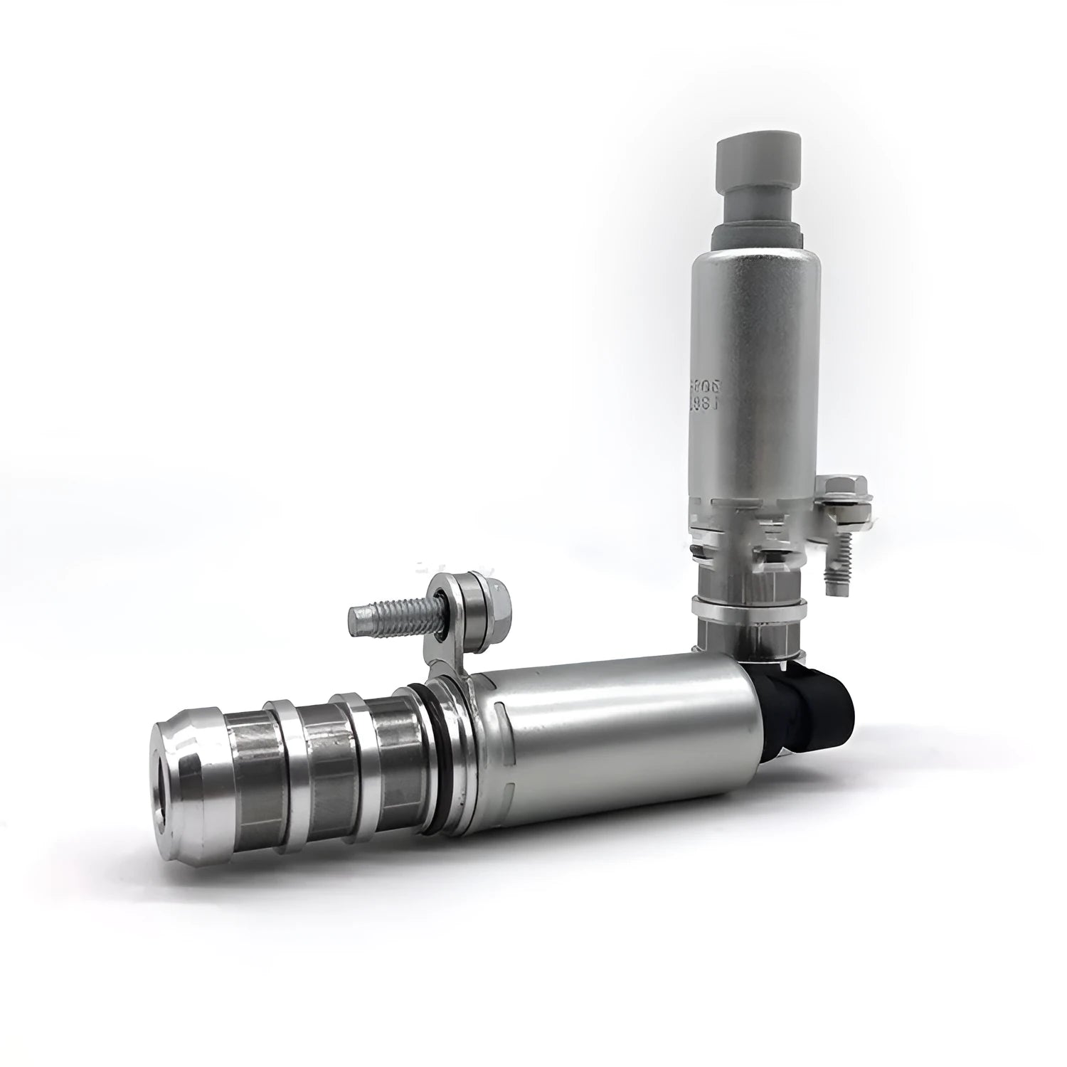 Pair of metal VVT oil control solenoid valves for Buick and Chevrolet car engines.