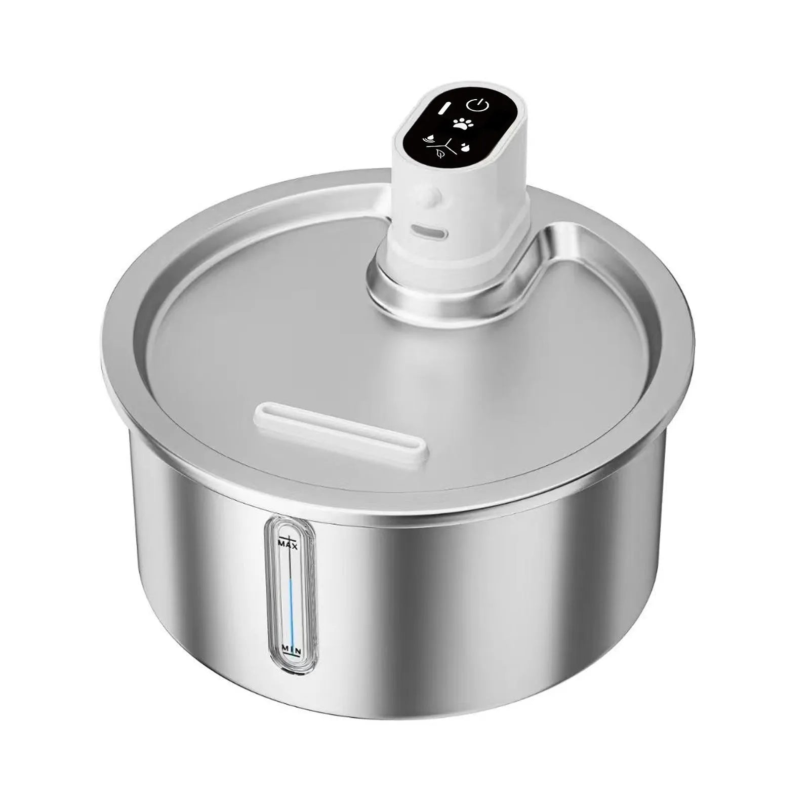 Black and white heated pet water fountain with stainless steel basin on a temperature control base.