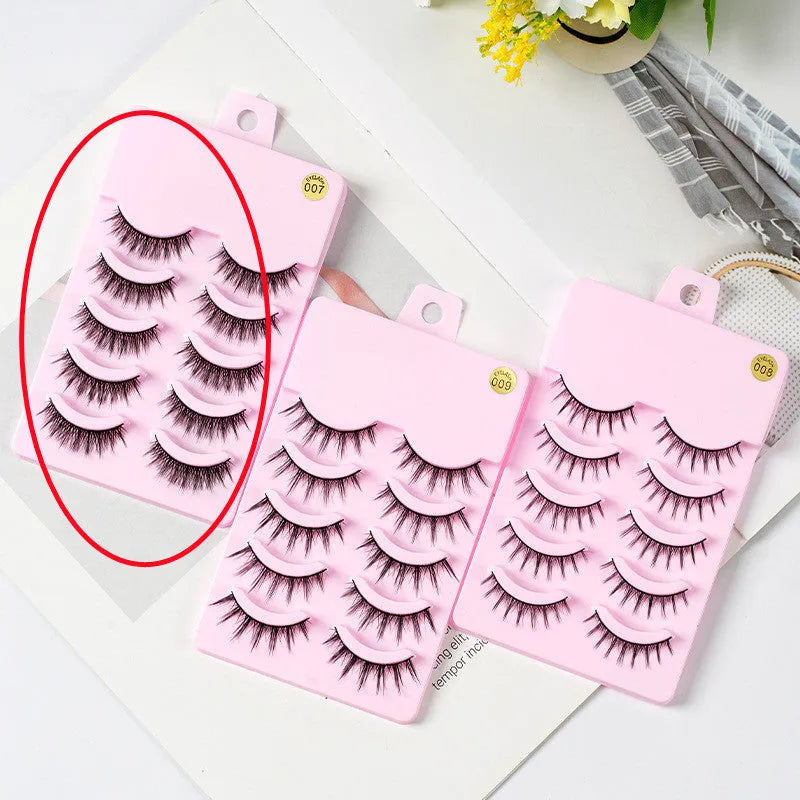 Pack of natural wispy Korean false eyelashes for anime cosplay, showing styles 007, 008, and 009.