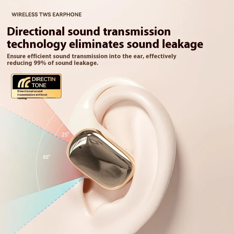 Ear-mounted wireless headphones with digital display screen in skin colour, black, and white colour options.