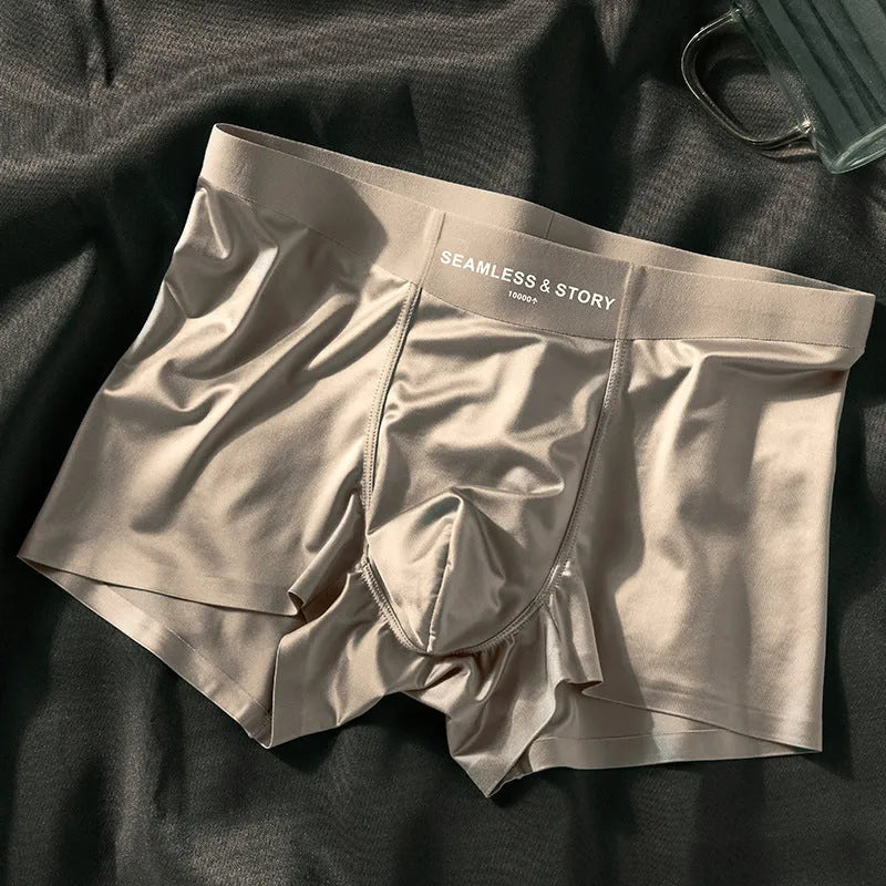 Men's mid-waist ice silk satin underwear in coffee colour showing traceless design