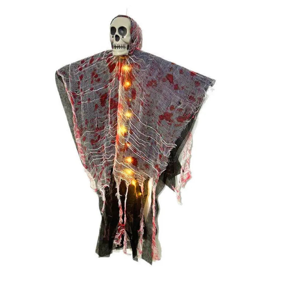 Halloween plastic hanging decoration showing blood-dyed luminous skull and ghost ornament for outdoor or indoor display