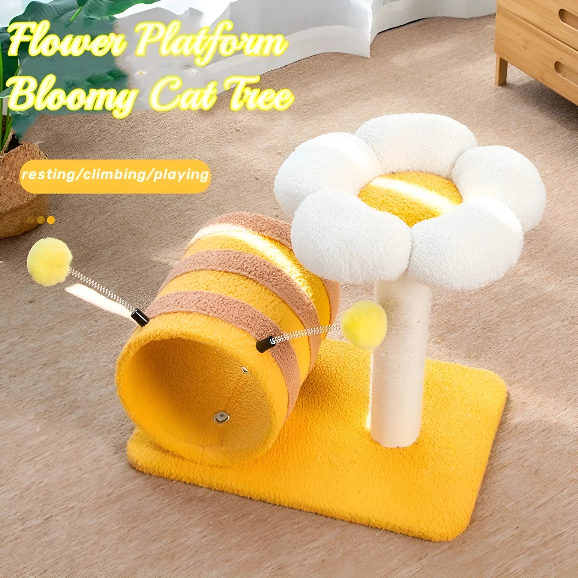 Yellow bee-shaped cat climbing frame with sisal scratching post and tunnel