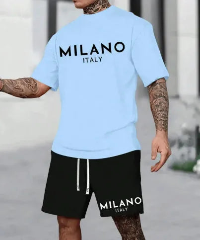 Round neck short sleeve polyester suit set with matching shorts in five colour options