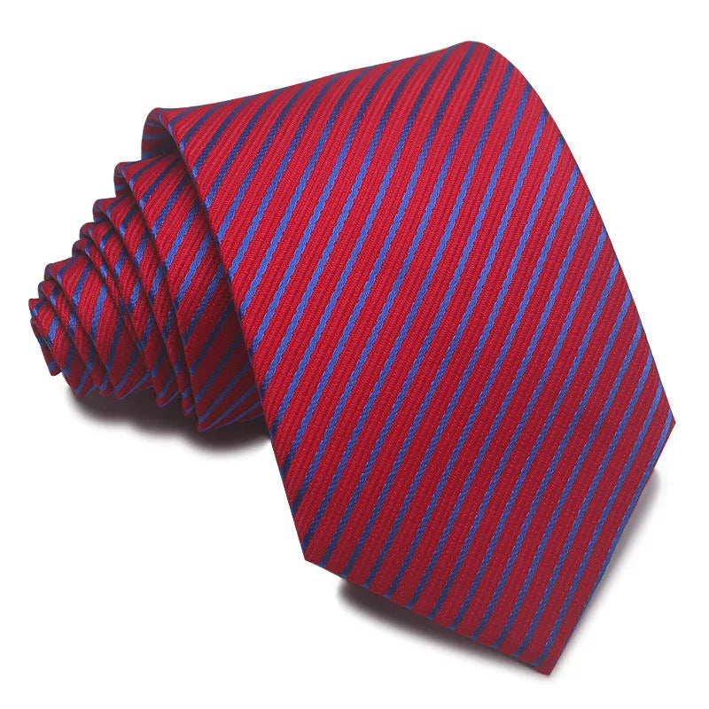 Men's red and black striped polyester jacquard tie with an arrow shape laid flat