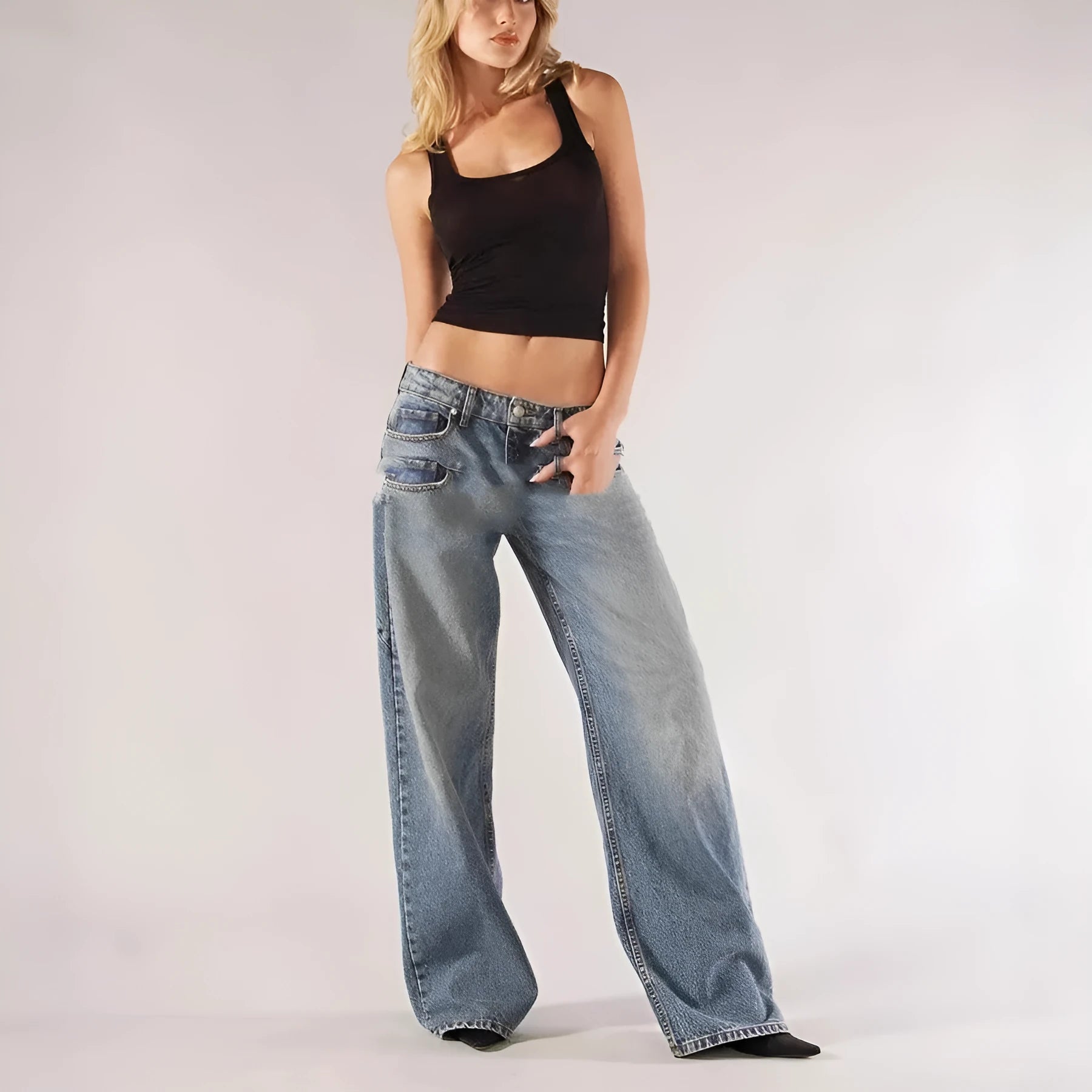 Loose fit straight wide leg cotton mop trousers in blue colour showing low waist and splicing detail