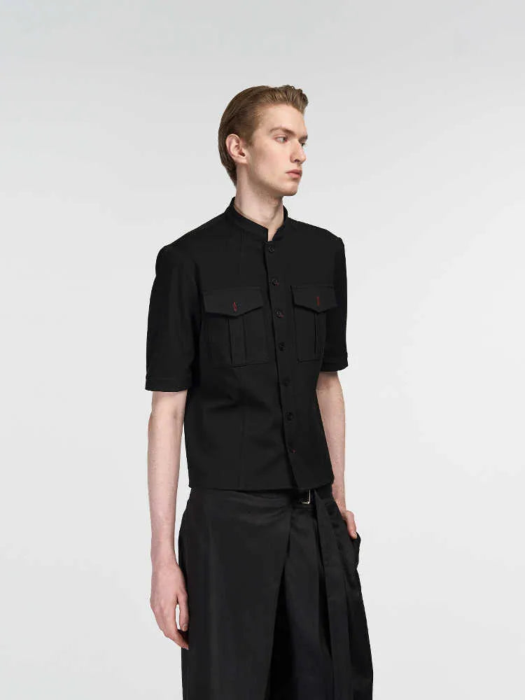 Black handmade hunting shirt with half sleeves and shirt collar, loose fit for outdoor wear
