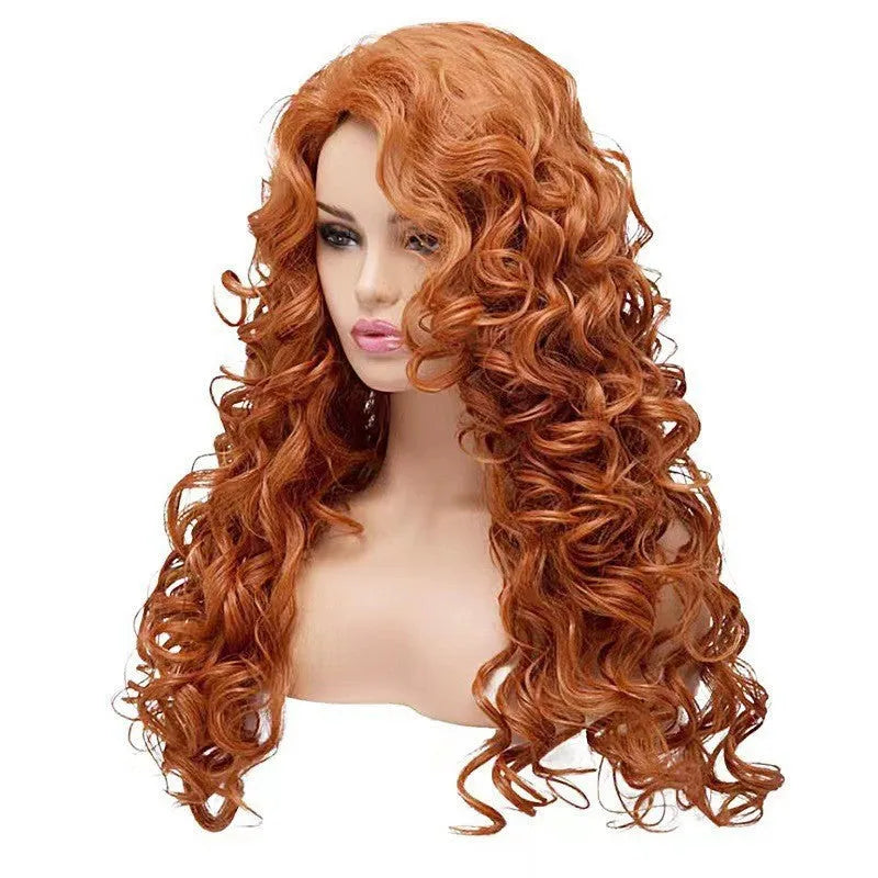 Long wavy curly brown synthetic wig with instant noodles style for Halloween cosplay