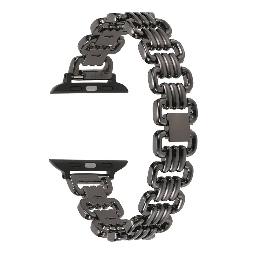 Alloy metal Apple Watch replacement band in silver, black, gold, rose gold, and starlight colours.