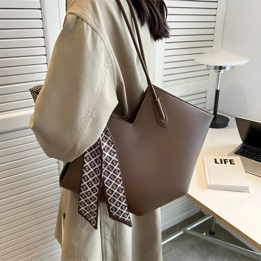 Women's PU leather large capacity shoulder bag in horizontal square design with 43cm width