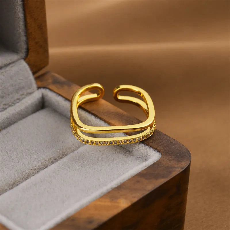 Gold electroplated geometry-shaped adjustable women's ring on copper base