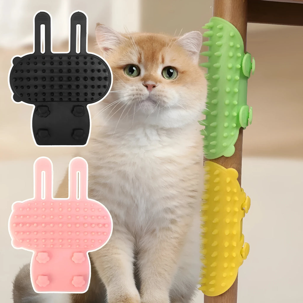 Silicone pet grooming massage comb with rounded teeth and adjustable strap for table leg mounting