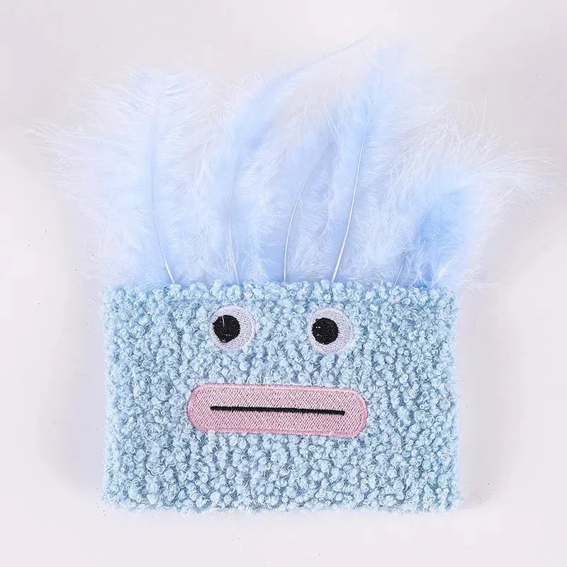 Colourful catnip plush toy with big mouth explosion head shape on a soft fabric body