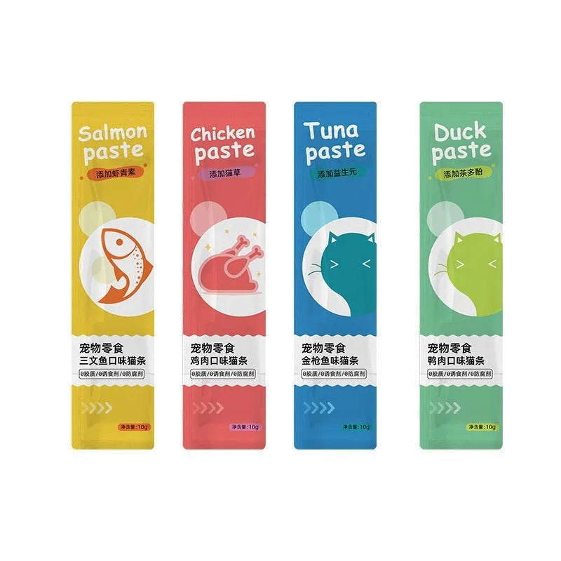 Pack of cat strip snacks showing four flavour varieties for adult cats