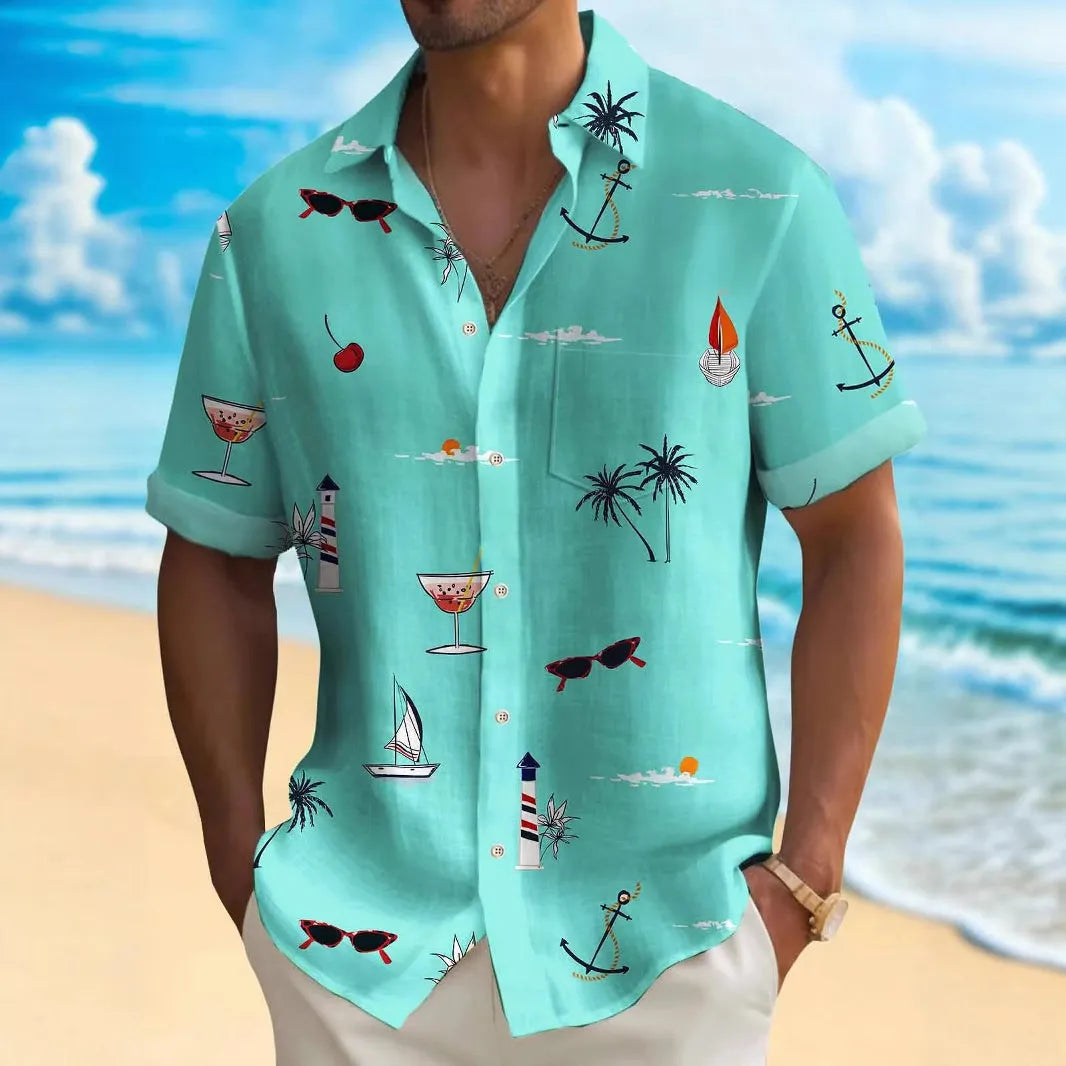 Men's loose fit short sleeve Hawaiian shirt with a colourful digital print pattern on polyester fabric.